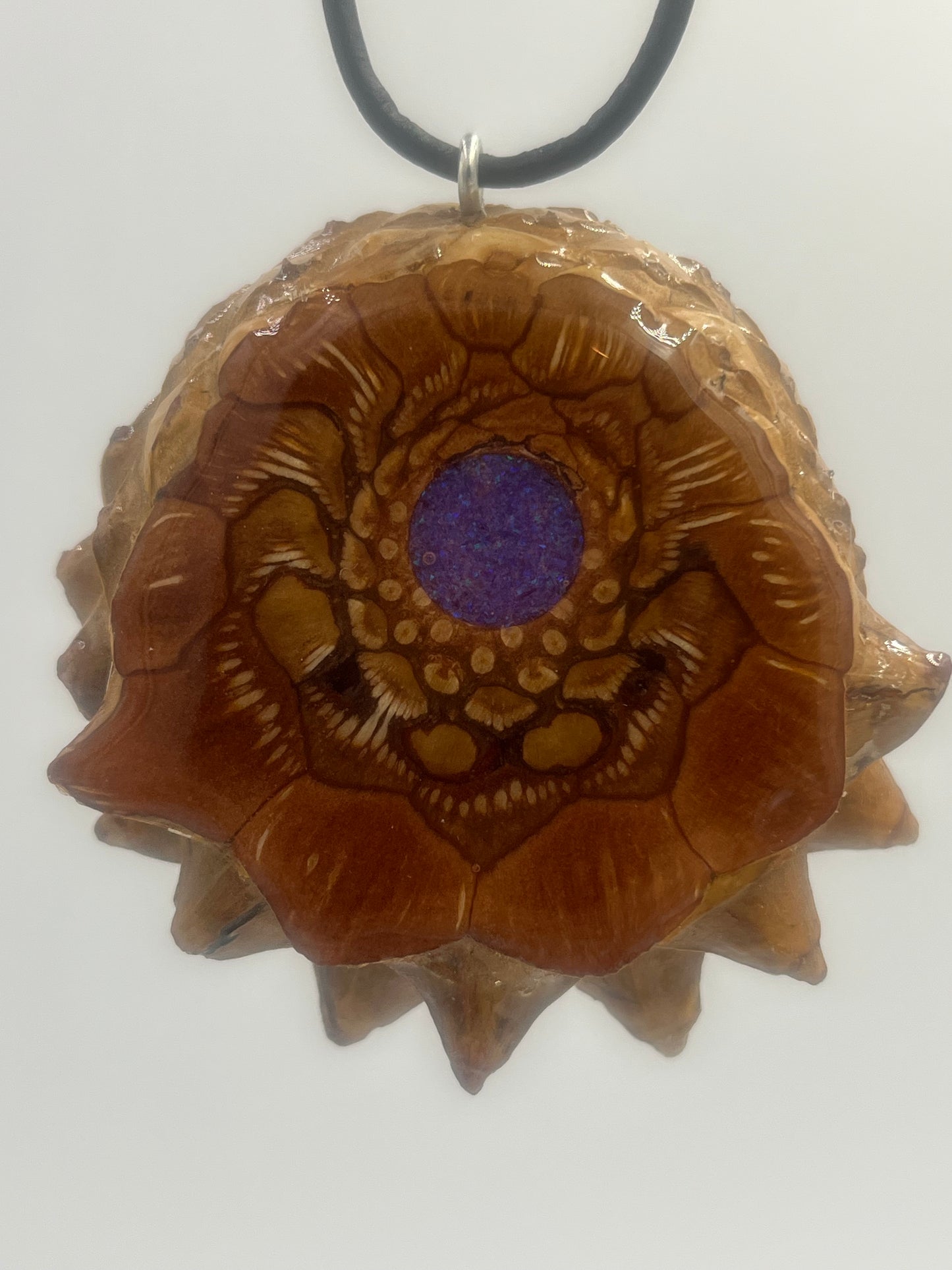 Knobcone pinecone pendant with lavender opal center