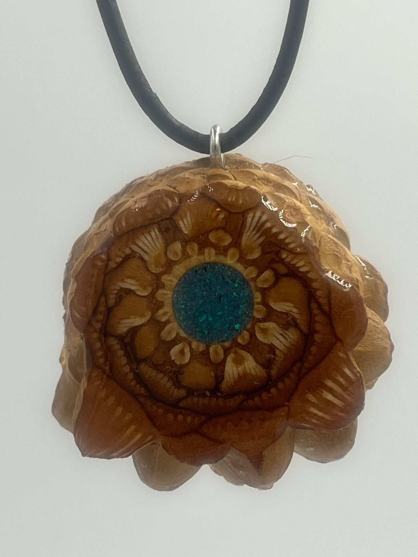 Knobcone pinecone pendant with crushed peacock opal inlay