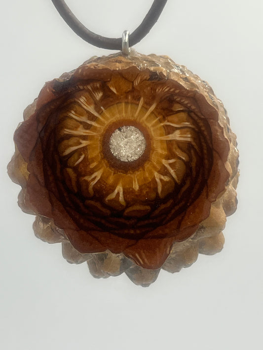 Knobcone pinecone pendant with silver leaf inlay