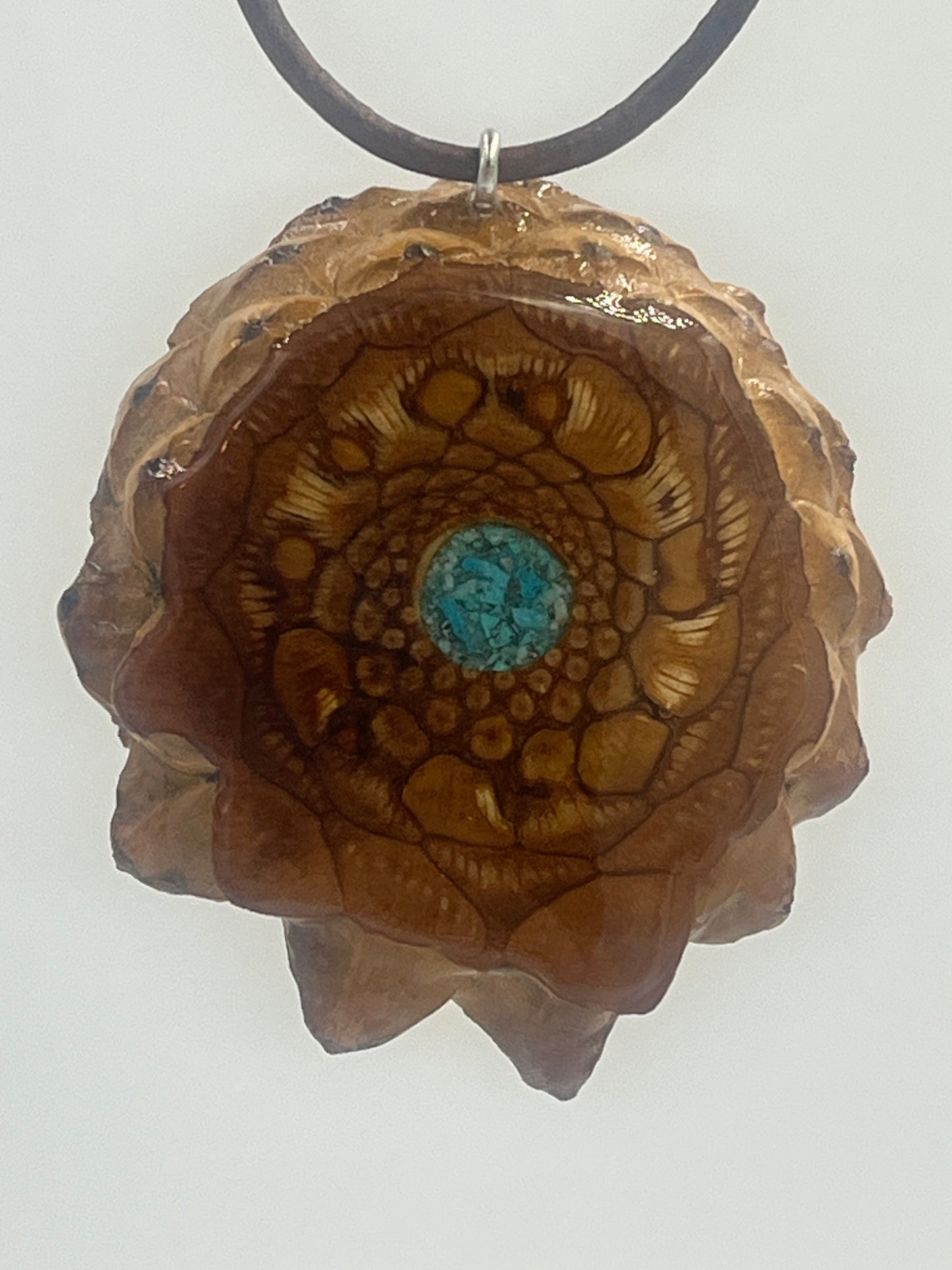 Knobcone pinecone pendant with crushed turquoise inlay