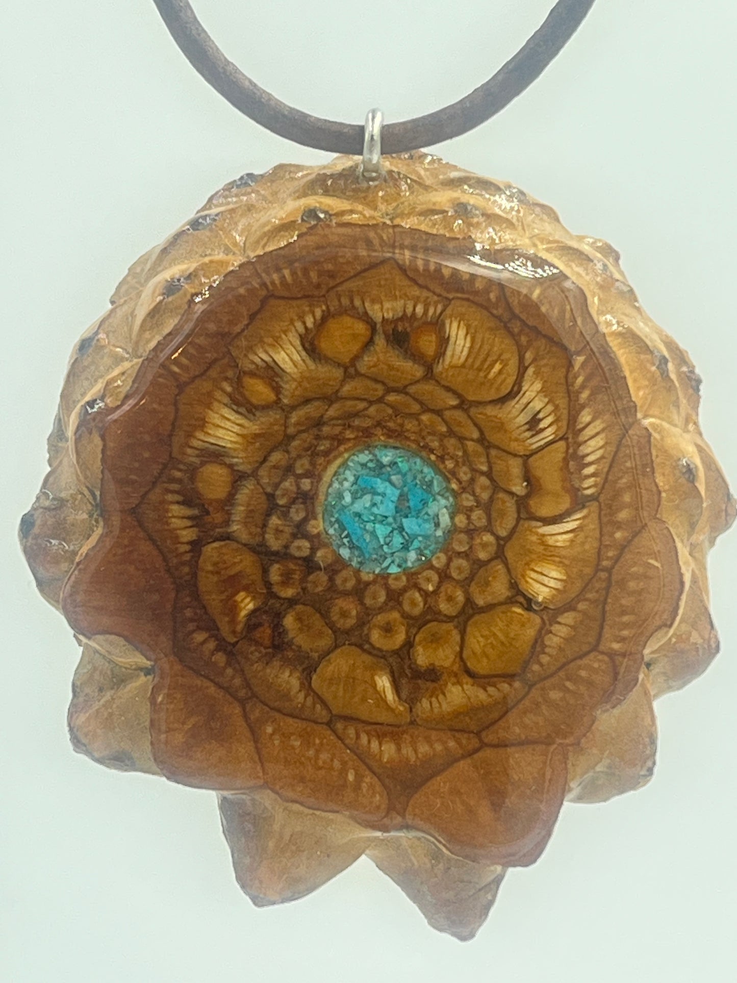 Knobcone pinecone pendant with crushed turquoise inlay