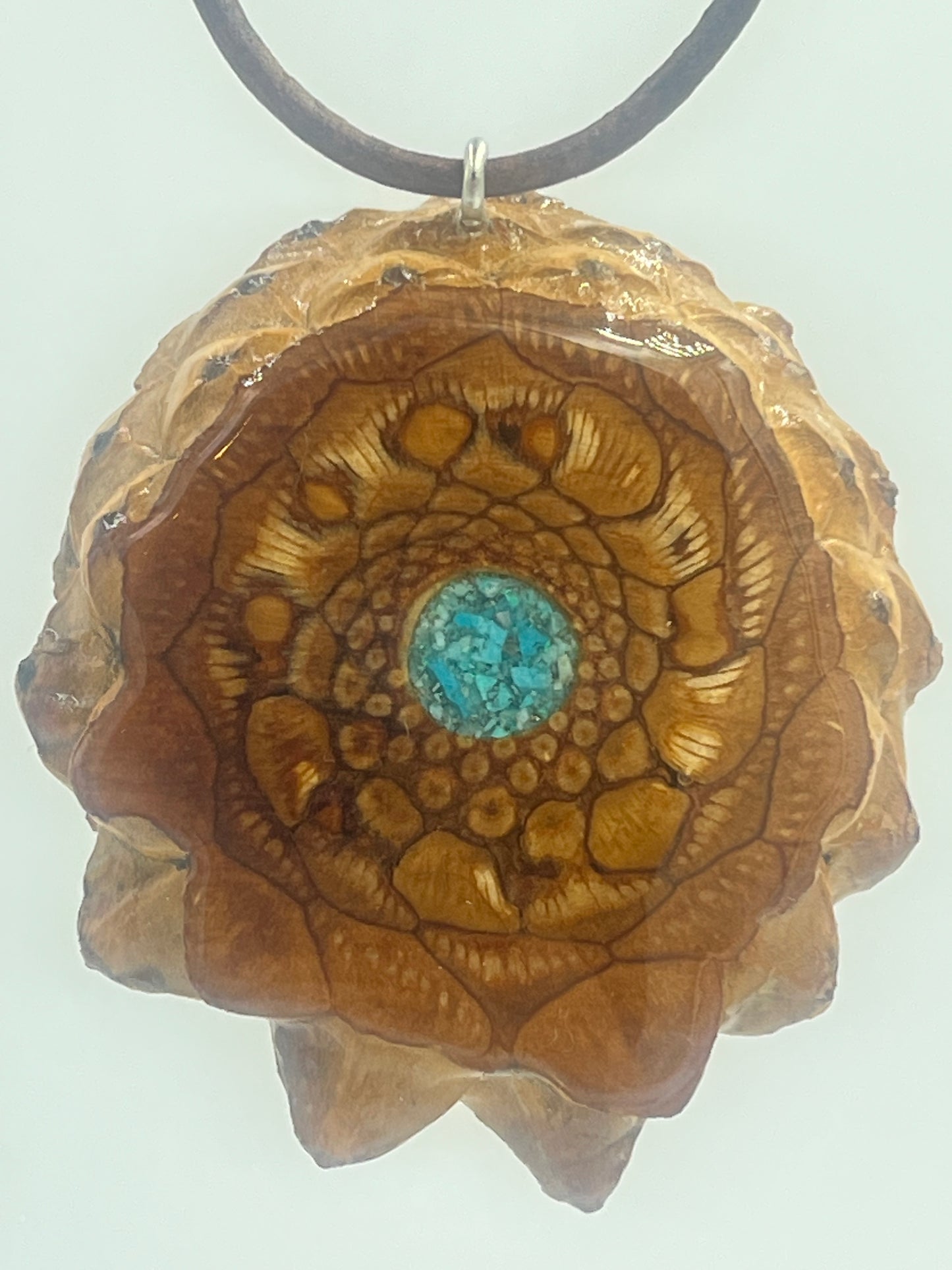 Knobcone pinecone pendant with crushed turquoise inlay