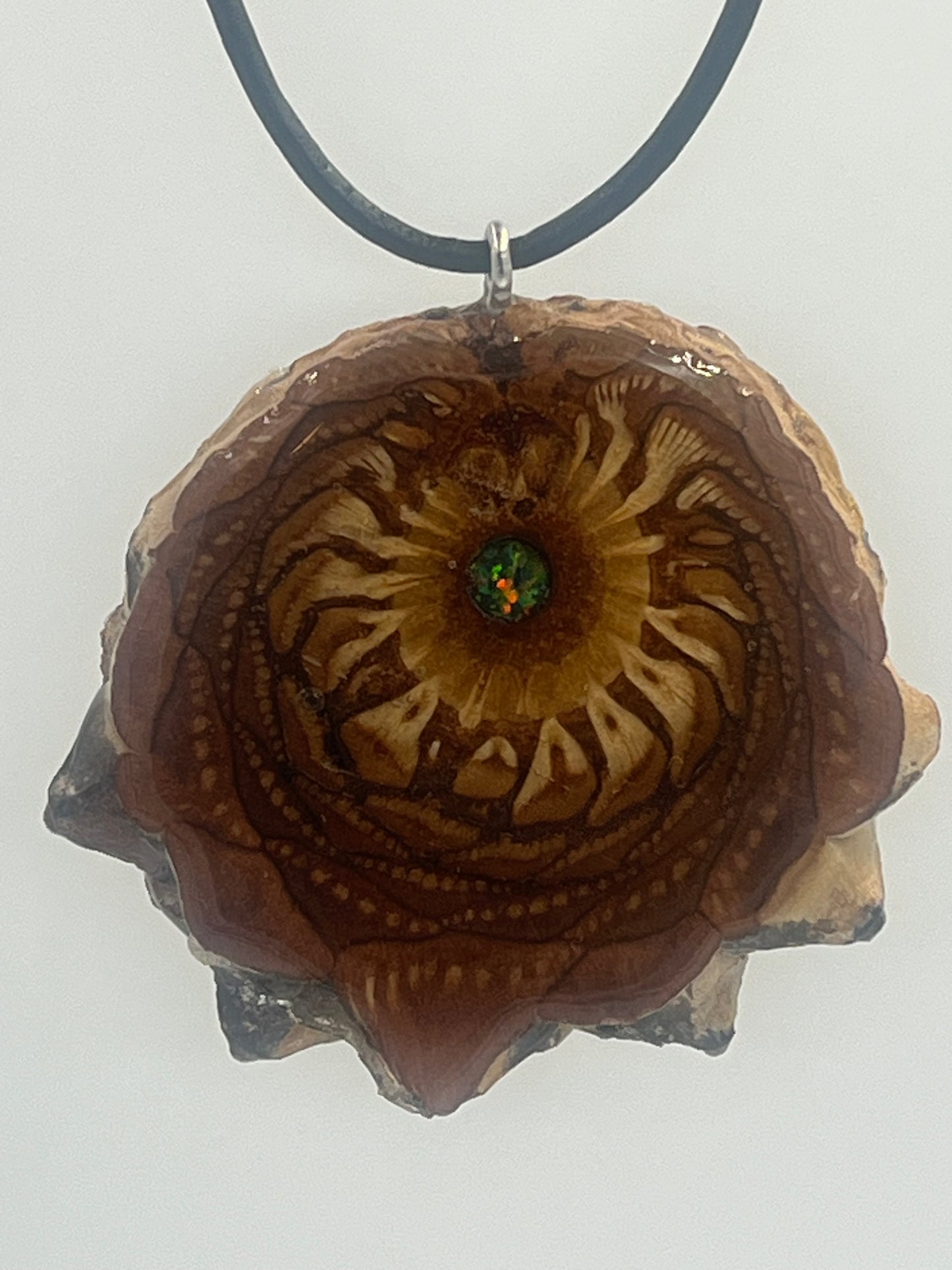 Knobcone pinecone pendant with fire opal inlay