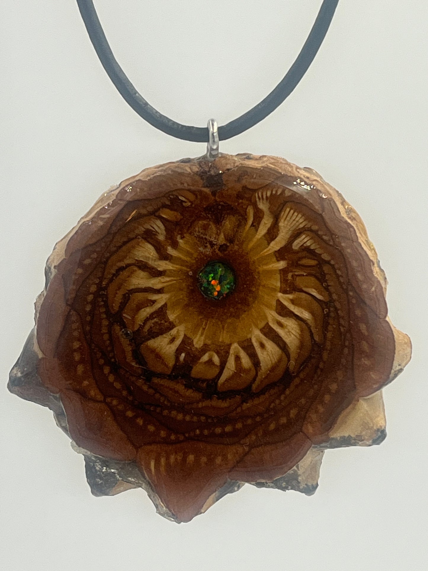 Knobcone pinecone pendant with fire opal inlay