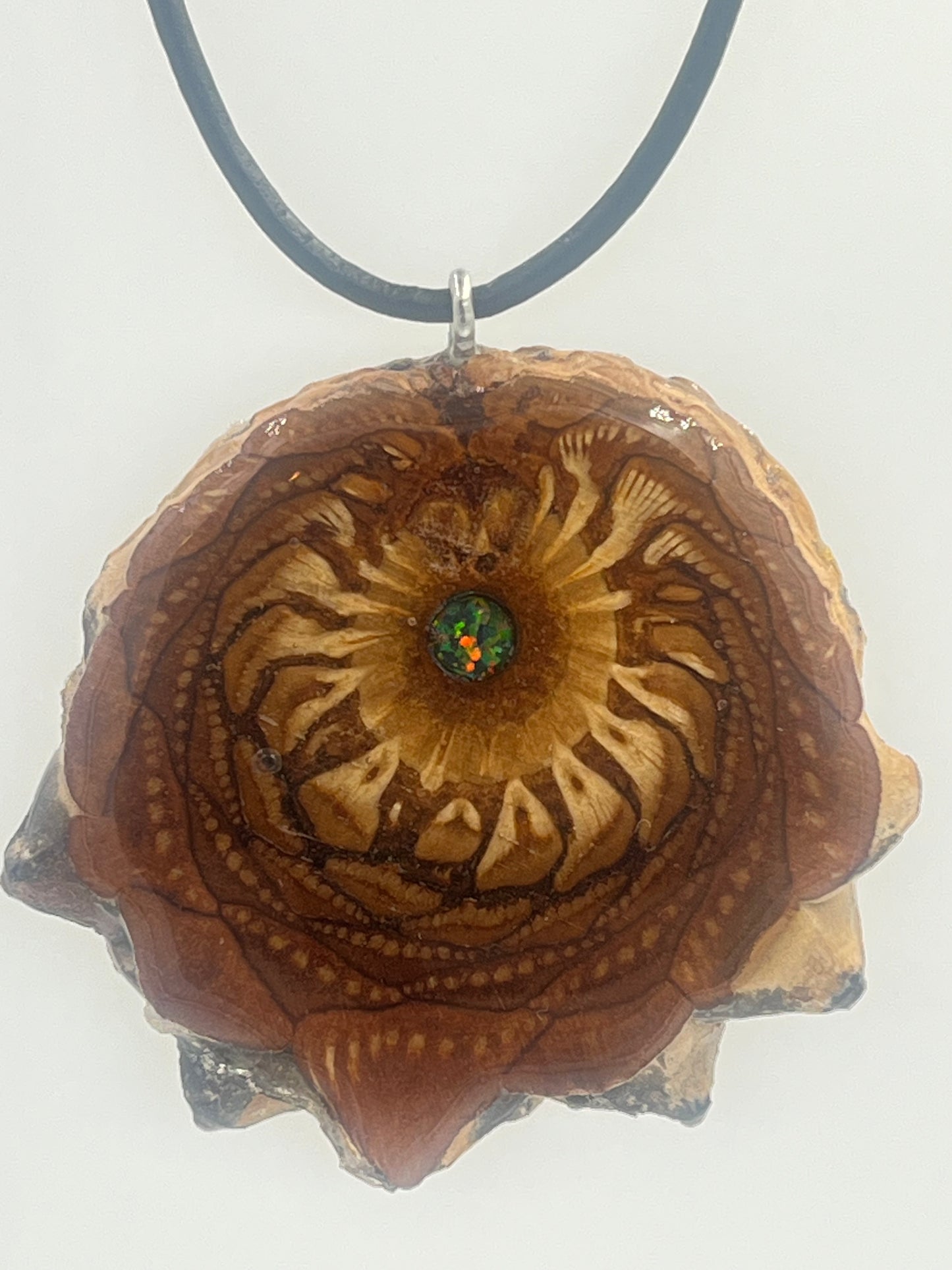 Knobcone pinecone pendant with fire opal inlay