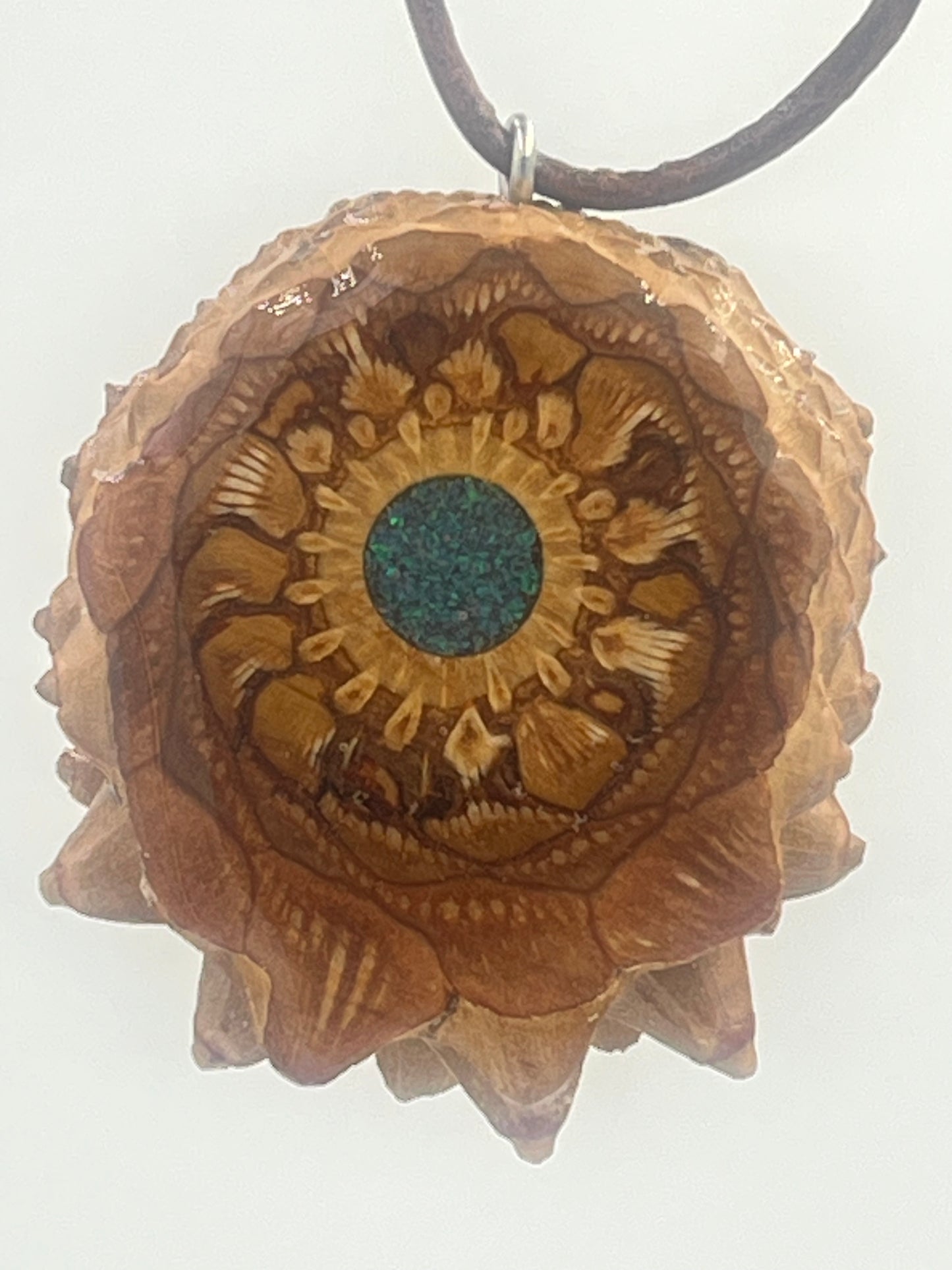 Knobcone pinecone pendant with crushed peacock opal inlay