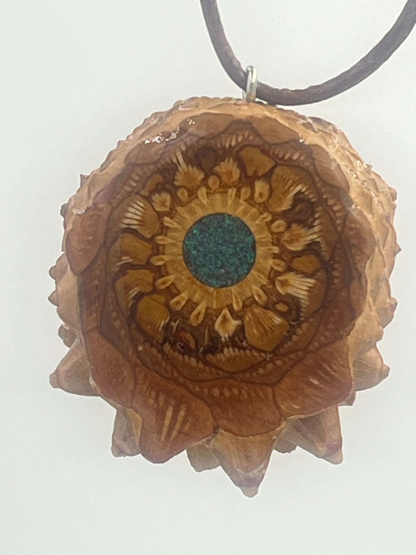 Knobcone pinecone pendant with crushed peacock opal inlay