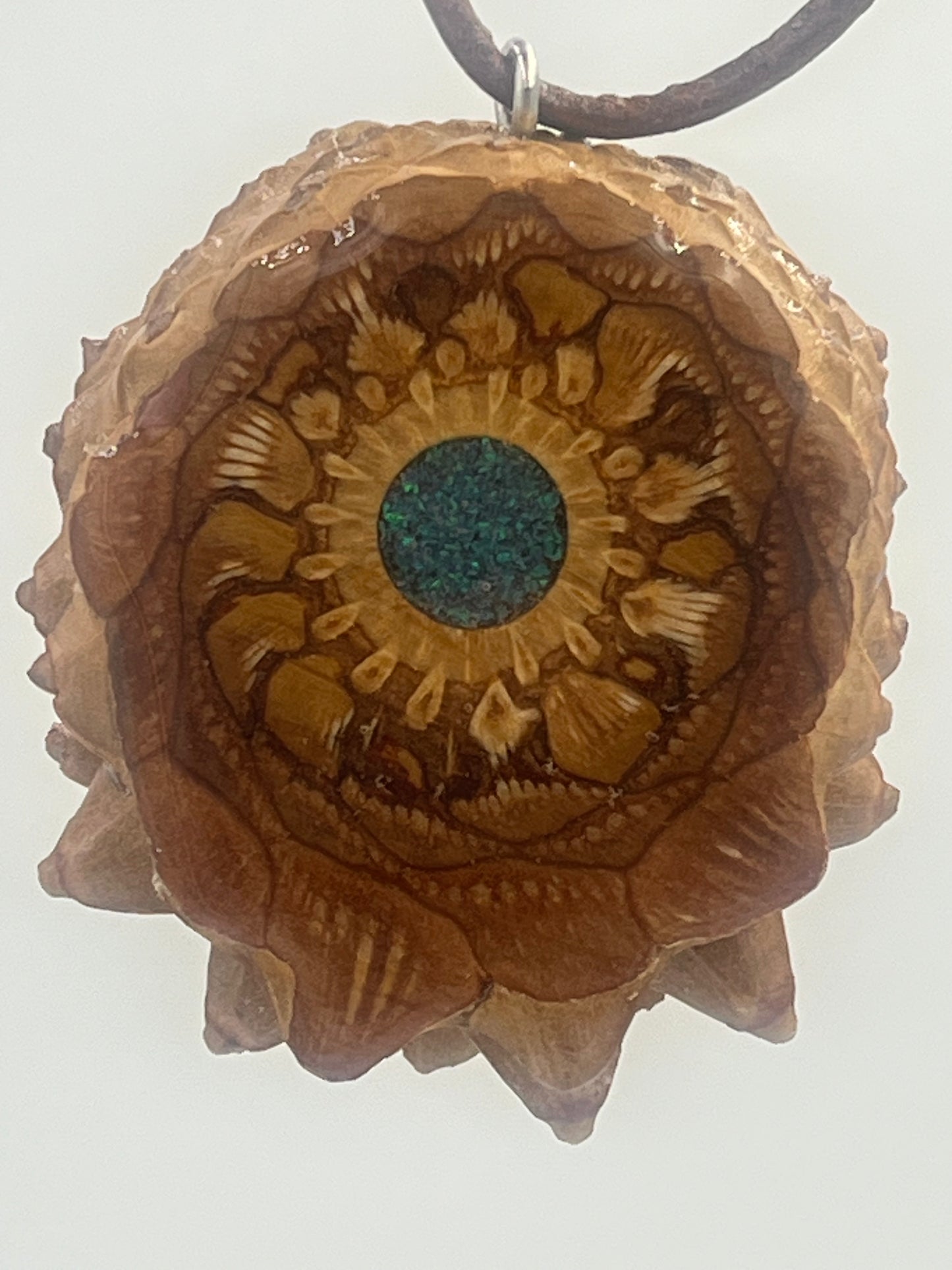 Knobcone pinecone pendant with crushed peacock opal inlay