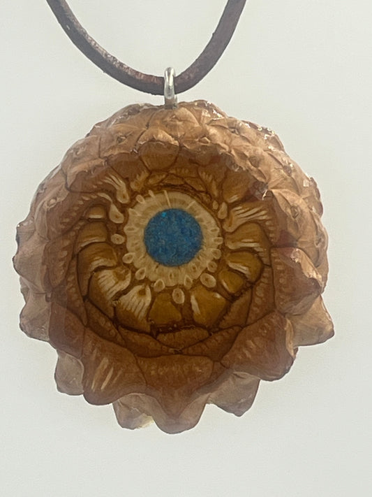 Knobcone pinecone pendant with blue lagoon crushed opal inlay