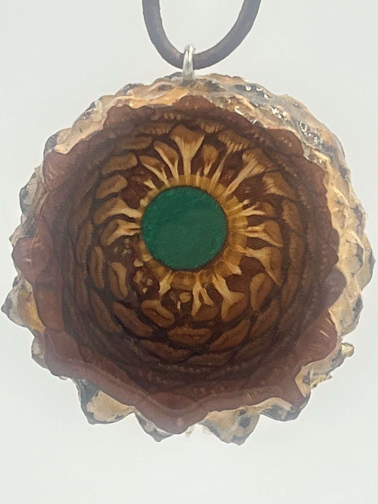 Knobcone pinecone pendant with crushed malachite inlay